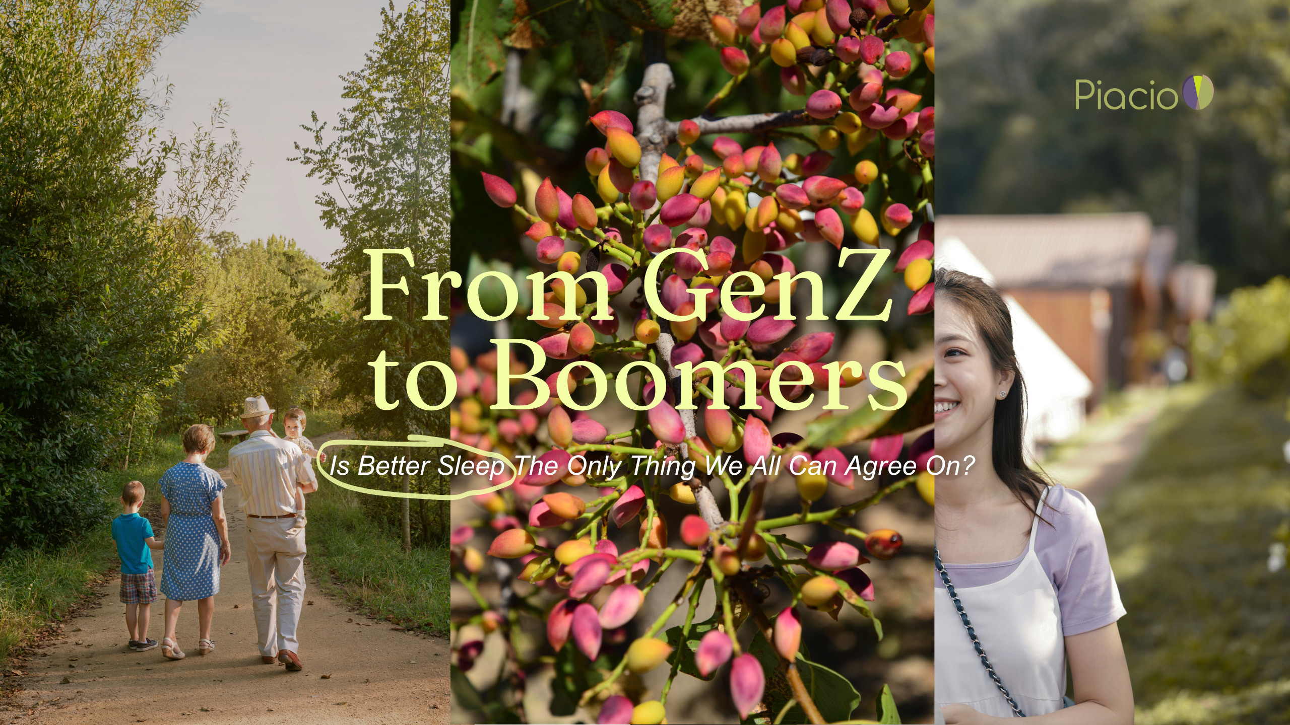 Collage showing different generations — children, older adults, and a young woman — alongside pistachio clusters, representing how Gen Z to Boomers share growing interest in natural sleep aids.