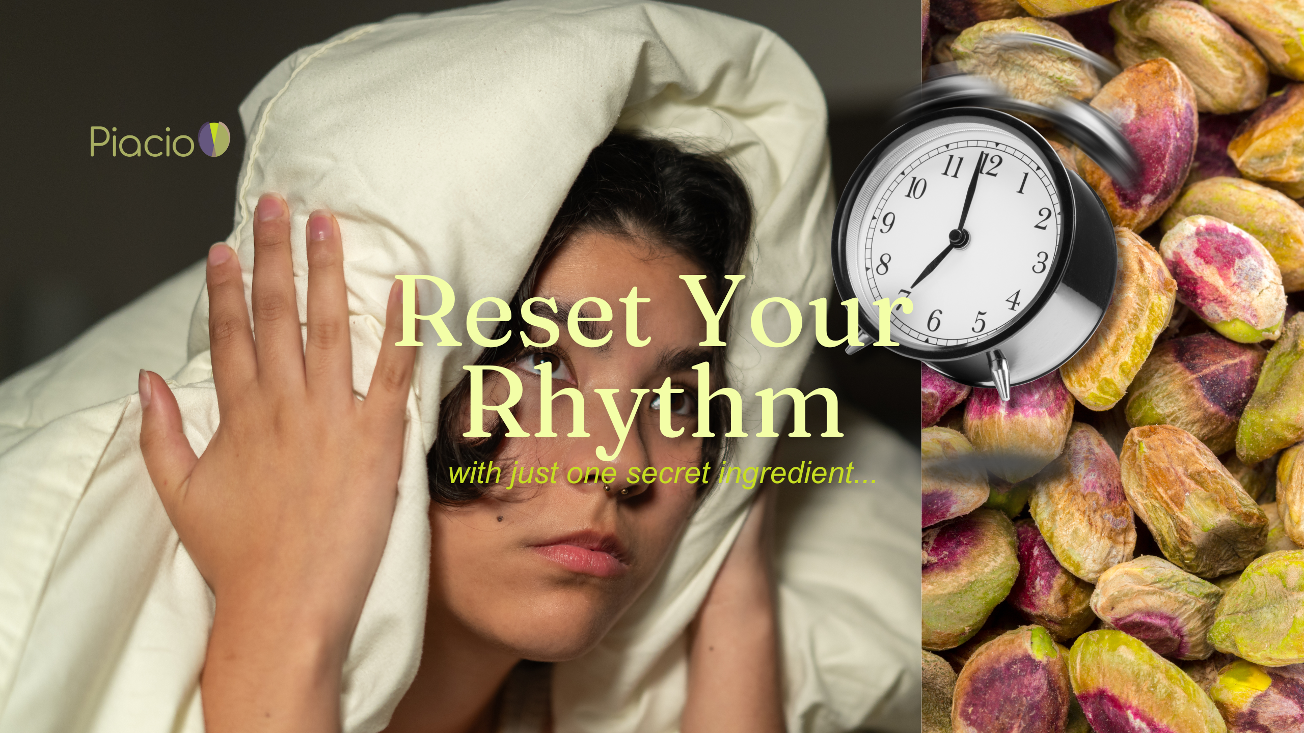 Person covering ears under blanket next to alarm clock and pistachios, illustrating circadian rhythm disruptions and pistachio extract benefits.