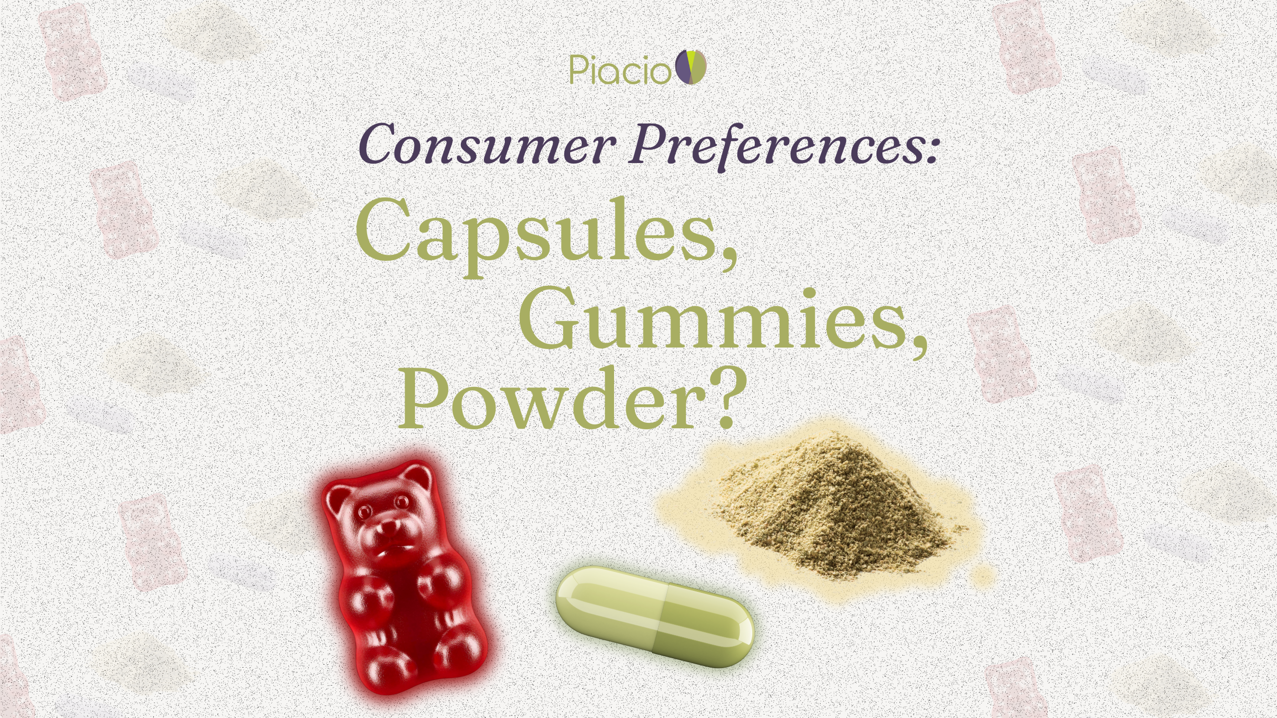Graphic showing a gummy bear, capsule, and powdered supplement under the heading ‘Consumer Preferences: Capsules, Gummies, Powder?’ representing different delivery formats for sleep supplements.