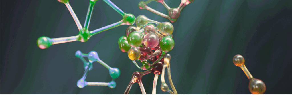 3D molecular structure illustration representing the biological mechanism of melatonin synthesis and receptor activity, used to explain how pistachio extract influences sleep regulation.