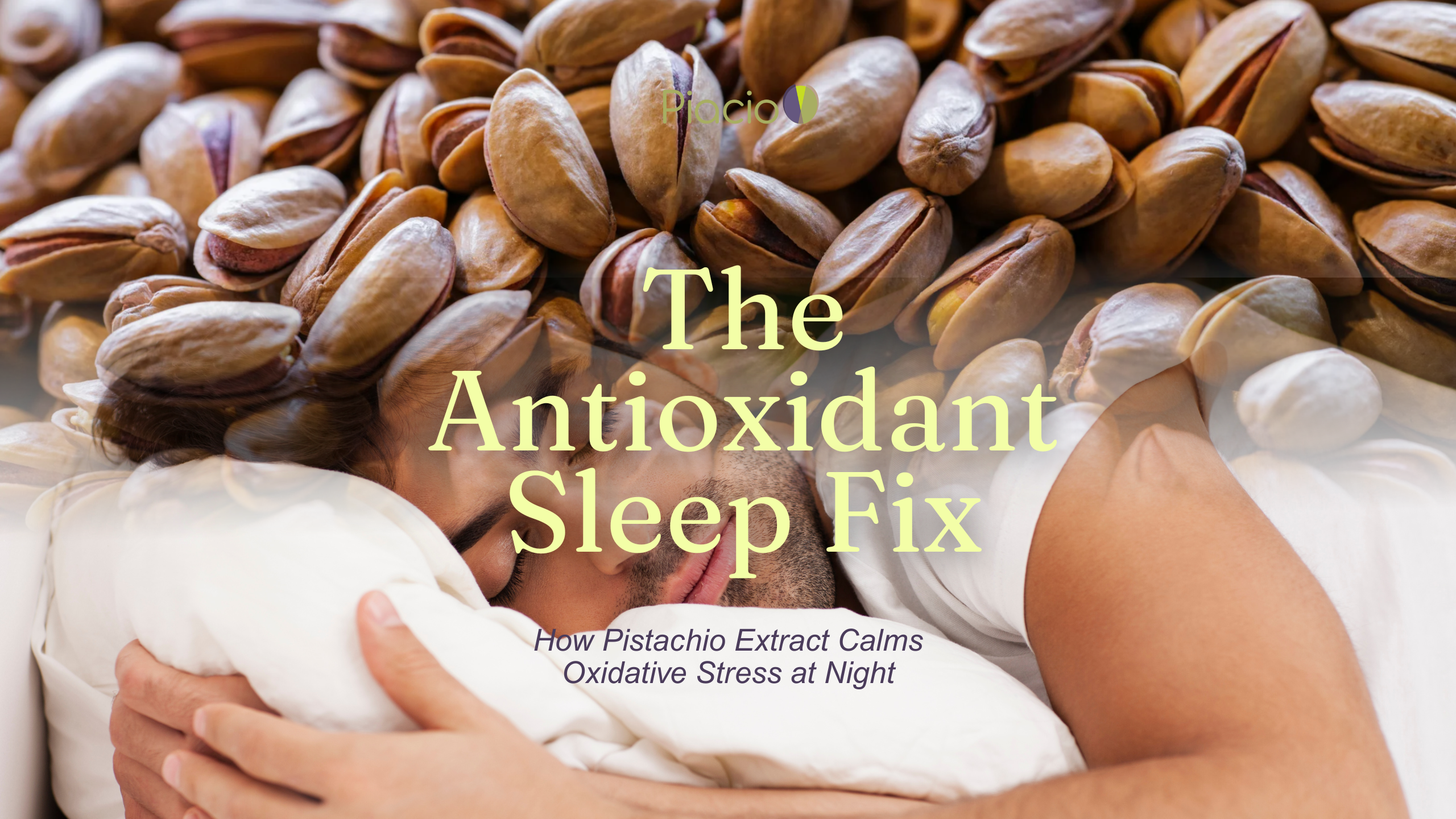 Person peacefully asleep with a background of pistachios, illustrating the antioxidant benefits of pistachio extract for sleep improvement.