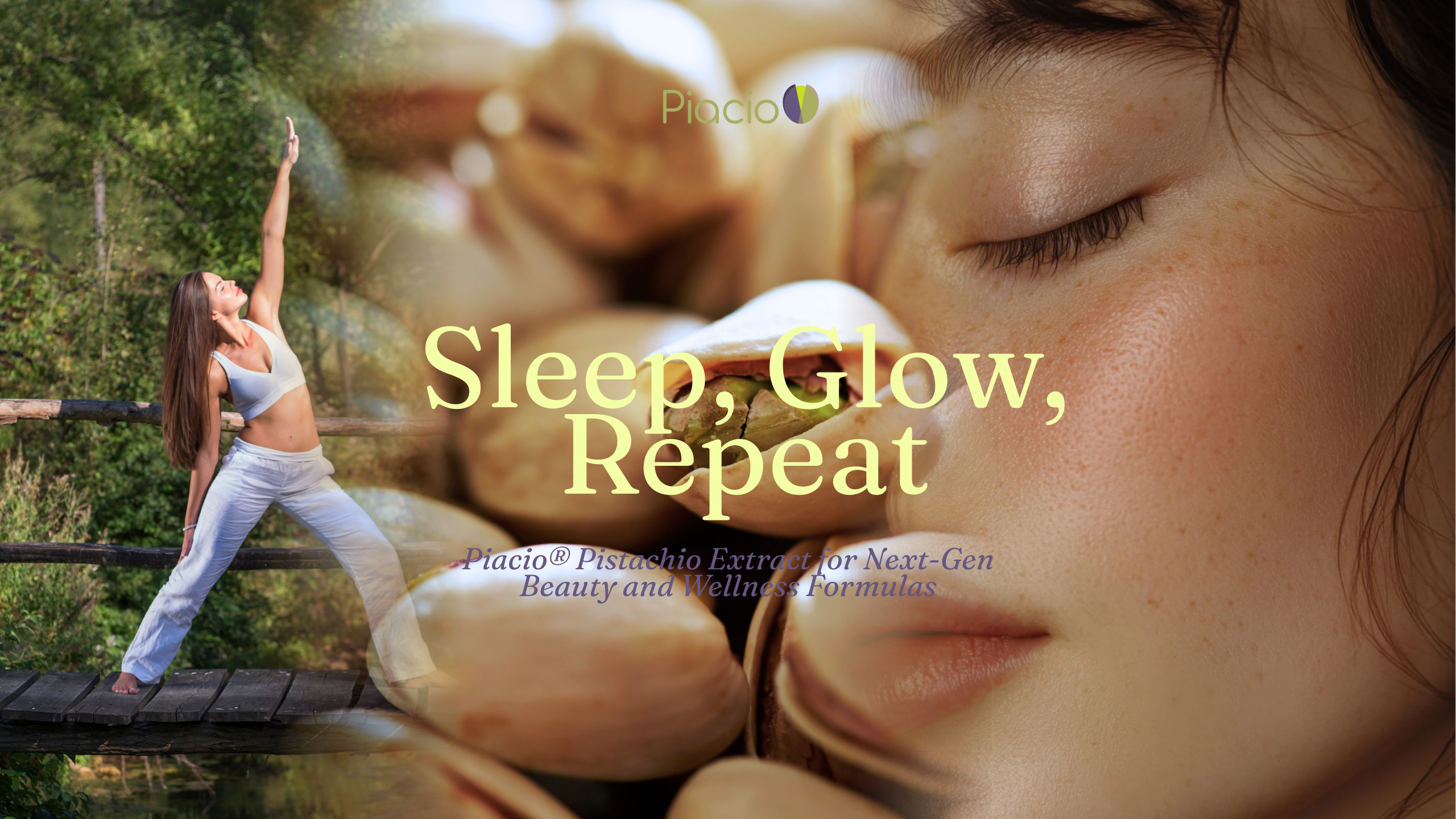 Collage-style blog cover showing a woman doing yoga outdoors, a close-up of radiant skin, and pistachio nuts with “Sleep, Glow, Repeat” headline and Piacio® logo.