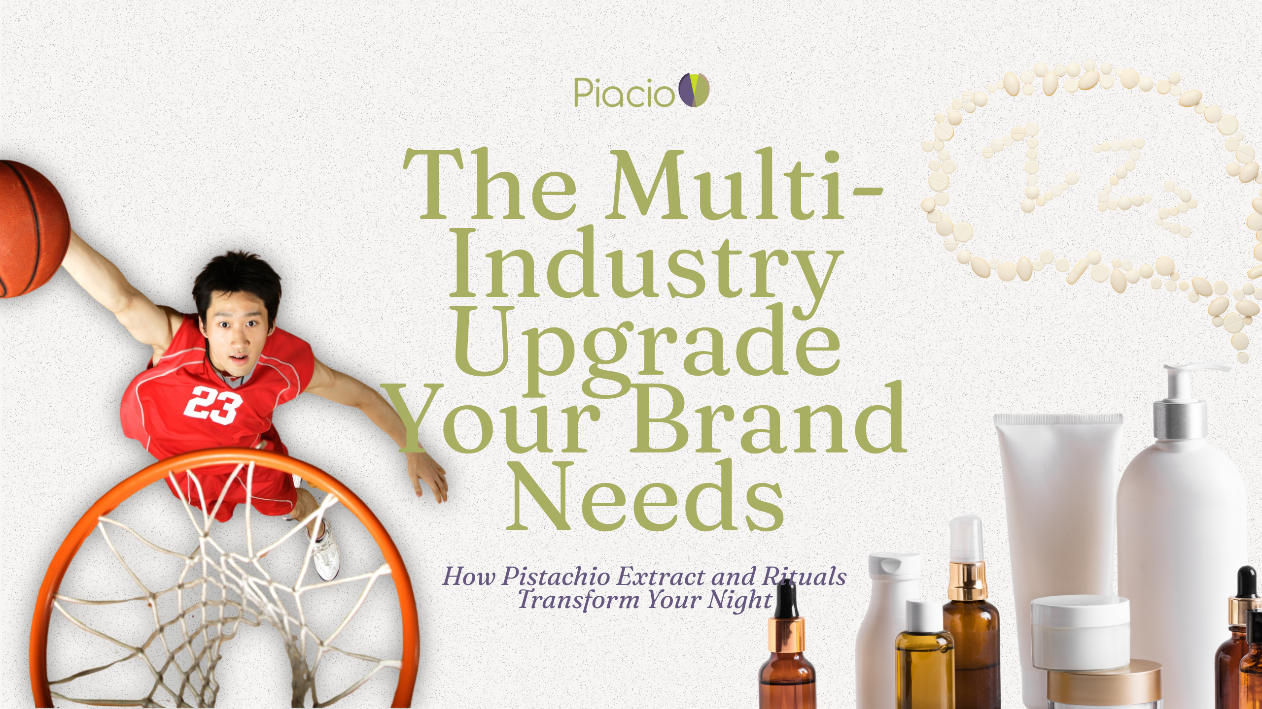 Basketball player dunking next to various skincare bottles and a sleep symbol, representing pistachio extract’s uses in sports, beauty, and wellness.