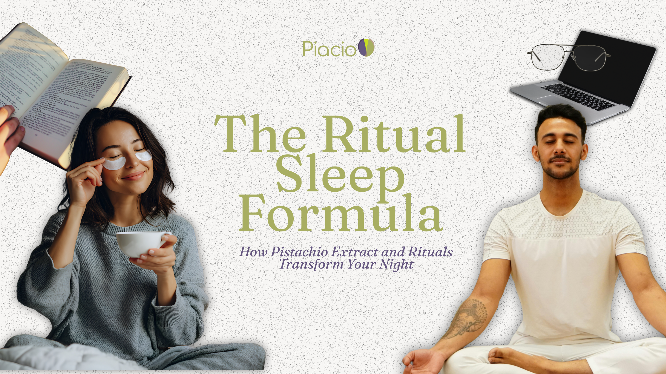 Cover image showing a woman enjoying tea and a book, a man meditating, and a laptop with blue light glasses, highlighting Piacio® pistachio extract’s role in sleep routines.