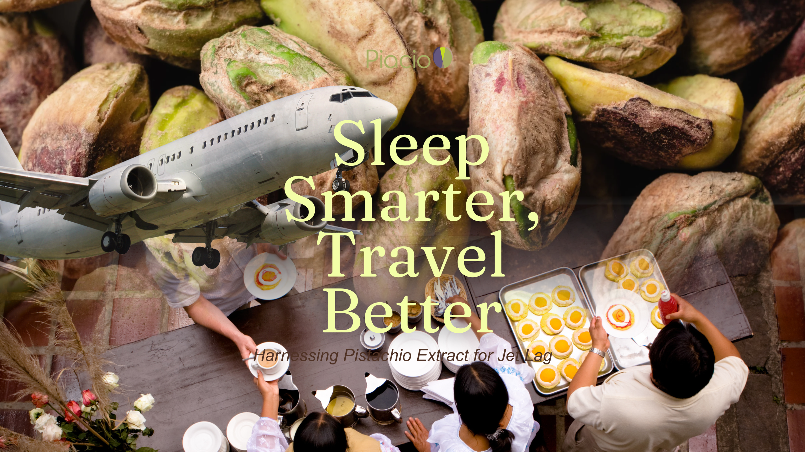 Cover image showing a passenger jet flying over a close-up of pistachios and people enjoying breakfast, illustrating "Sleep Smarter, Travel Better" with pistachio extract for jet lag relief.