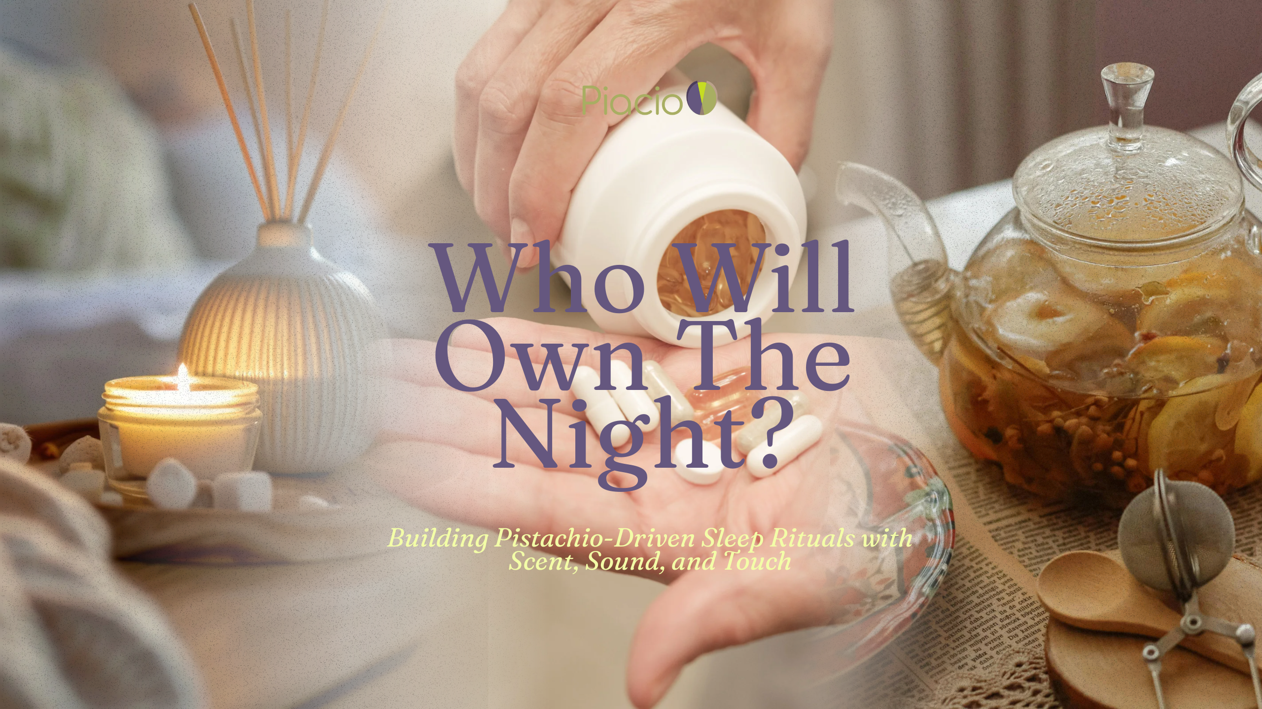 Blog cover for Piacio titled ‘Who Will Own The Night?’ showing a cozy bedside candle and diffuser on the left, a hand in the center pouring softgel capsules from a white bottle, and a glass teapot with herbal tea, strainer, and wooden spoon on the right.