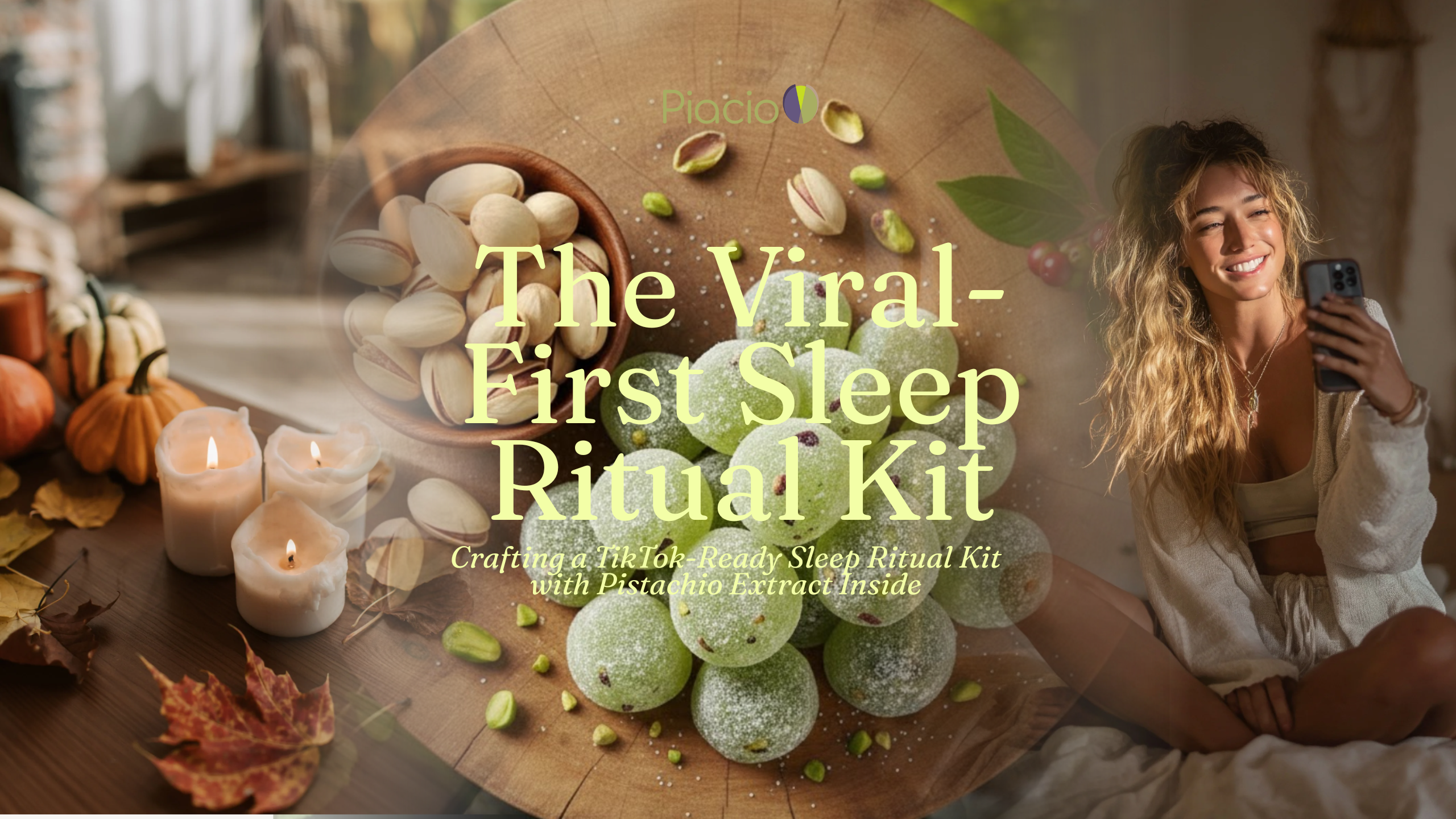 Blog cover for Piacio titled ‘The Viral-First Sleep Ritual Kit,’ showing pistachio candies on a wooden board, scattered pistachio nuts, cozy candles and pumpkins, and a young woman in loungewear smiling at her phone as she records content.