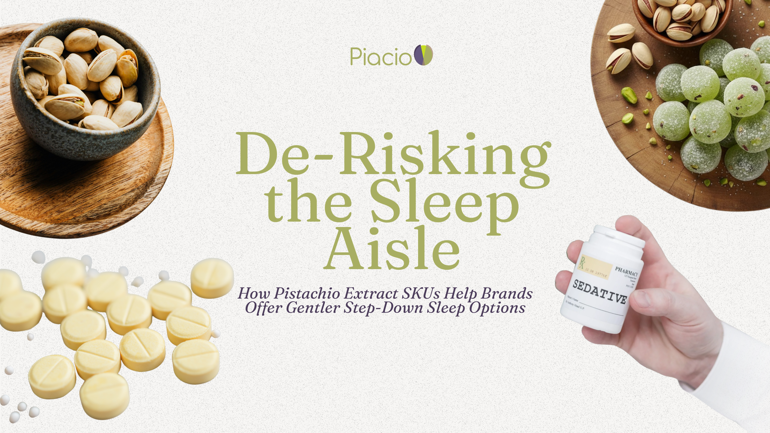 Blog cover for Piacio titled ‘De-Risking the Sleep Aisle,’ showing bowls of pistachios and green pistachio gummies, yellow tablets scattered across the bottom, and a hand holding a white prescription sedative bottle on a clean white background.